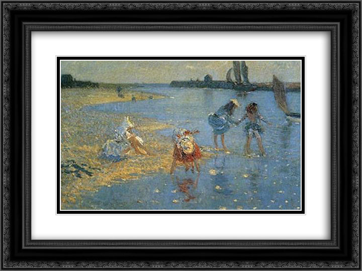 Walberswick. Children Paddling 24x18 Black Ornate Wood Framed Art Print Poster with Double Matting by Steer, Philip Wilson