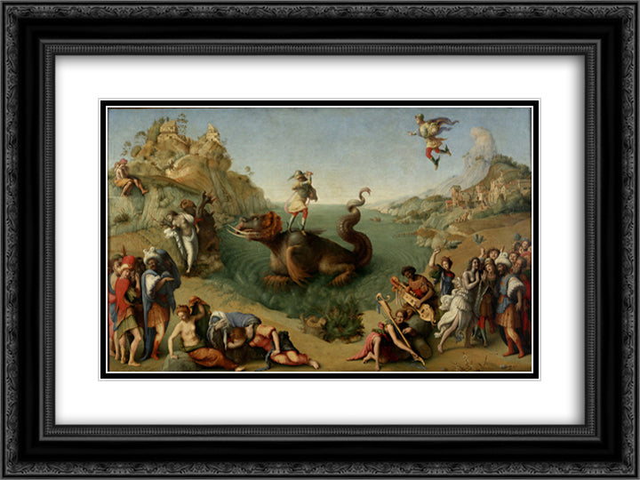 Perseus Rescuing Andromeda 24x18 Black Ornate Wood Framed Art Print Poster with Double Matting by Cosimo, Piero di