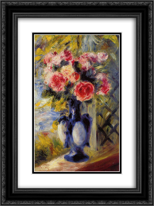 Bouquet of Roses in a Blue Vase 18x24 Black Ornate Wood Framed Art Print Poster with Double Matting by Renoir, Pierre Auguste