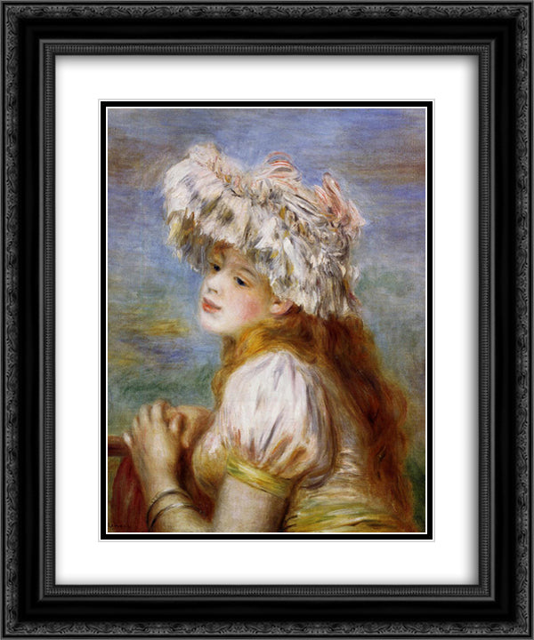 Girl in a Lace Hat 20x24 Black Ornate Wood Framed Art Print Poster with Double Matting by Renoir, Pierre Auguste