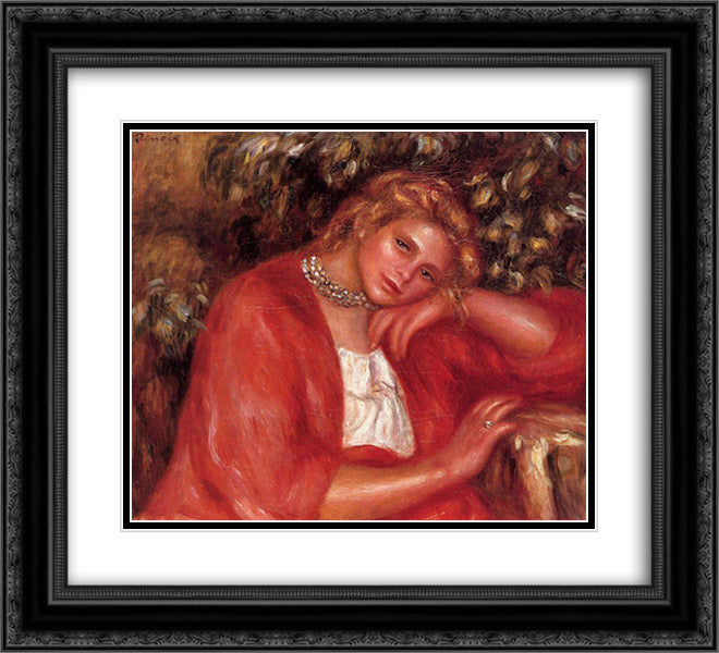 Pensive Young Woman Leaning on Her Elbow 22x20 Black Ornate Wood Framed Art Print Poster with Double Matting by Renoir, Pierre Auguste