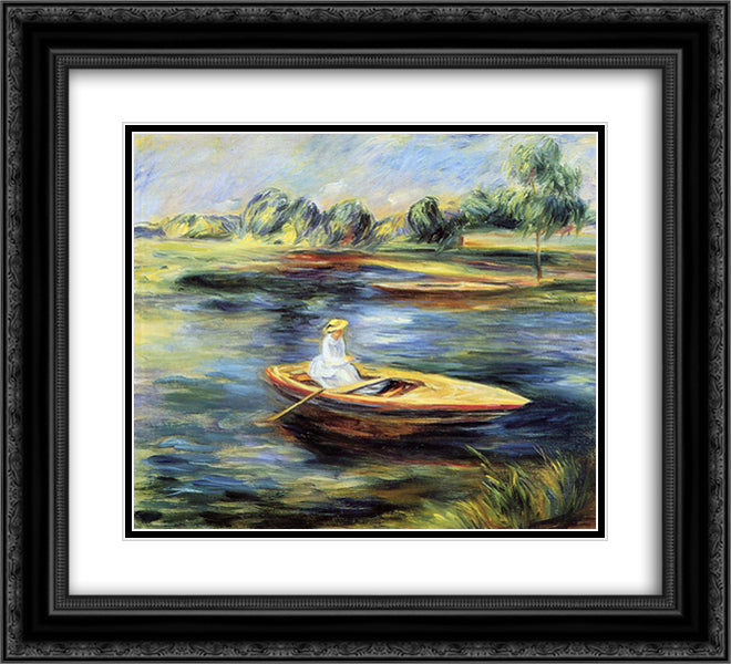 Young Woman Seated in a Rowboat 22x20 Black Ornate Wood Framed Art Print Poster with Double Matting by Renoir, Pierre Auguste