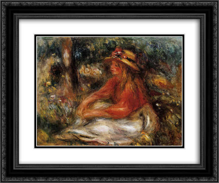 Young Woman Seated on the Grass 24x20 Black Ornate Wood Framed Art Print Poster with Double Matting by Renoir, Pierre Auguste