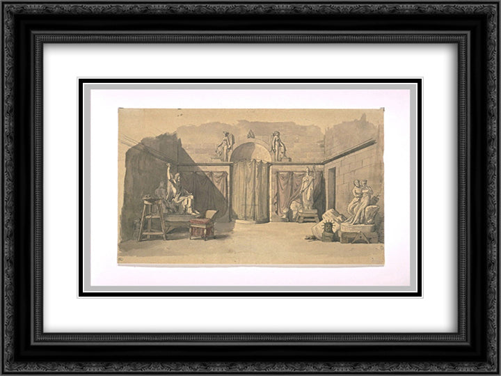 A sculpture workshop 24x18 Black Ornate Wood Framed Art Print Poster with Double Matting by Guerin, Pierre Narcisse