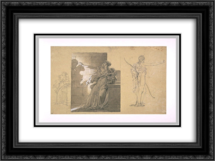 Woman holding a child and seeing the shadow of figures embracing 24x18 Black Ornate Wood Framed Art Print Poster with Double Matting by Guerin, Pierre Narcisse