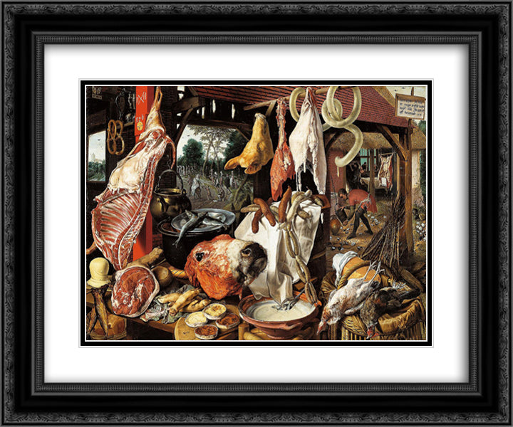 Butcher's Stall with the Flight into Egypt 24x20 Black Ornate Wood Framed Art Print Poster with Double Matting by Aertsen, Pieter