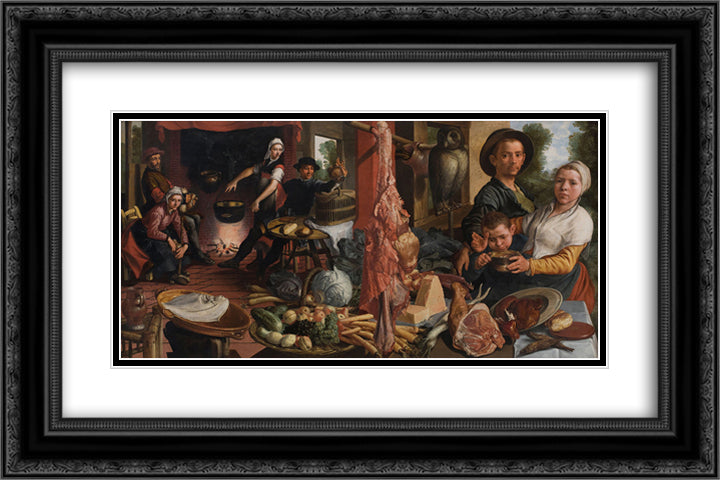 The Fat Kitchen. An Allegory 24x16 Black Ornate Wood Framed Art Print Poster with Double Matting by Aertsen, Pieter
