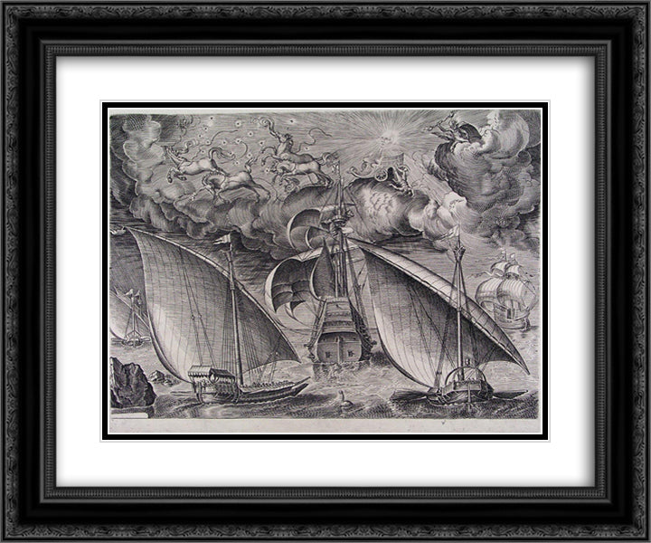 Man of War between two Galleys 24x20 Black Ornate Wood Framed Art Print Poster with Double Matting by Bruegel the Elder, Pieter