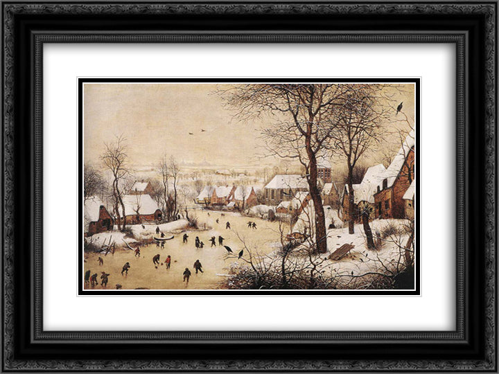 Winter Landscape with Skaters and a Bird Trap 24x18 Black Ornate Wood Framed Art Print Poster with Double Matting by Bruegel the Elder, Pieter