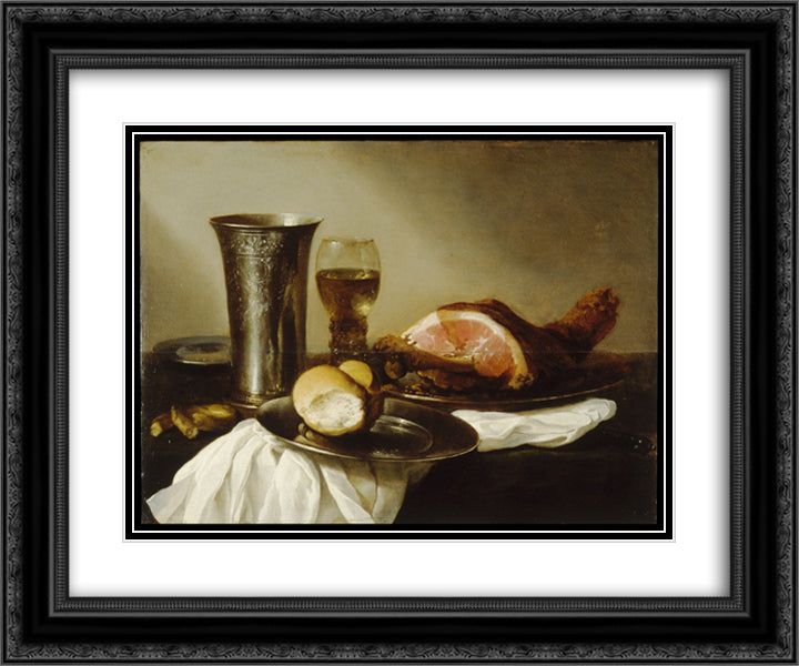 Breakfast Piece 24x20 Black Ornate Wood Framed Art Print Poster with Double Matting by Claesz, Pieter
