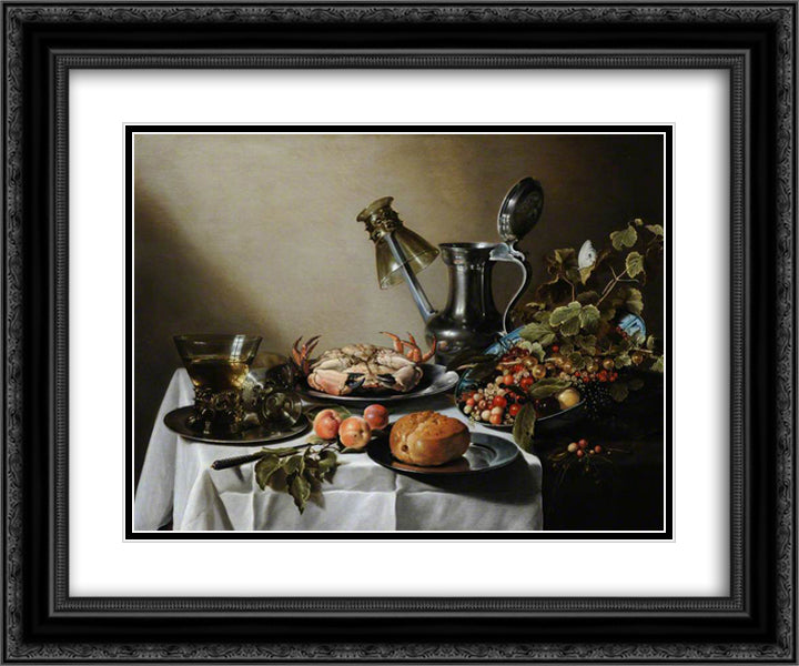 Still Life. Food, Glasses and a Jug on a Table 24x20 Black Ornate Wood Framed Art Print Poster with Double Matting by Claesz, Pieter
