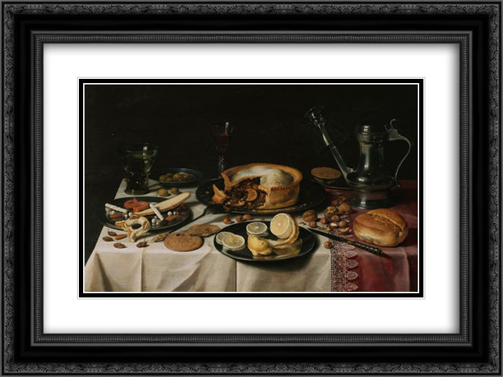 Still Life 1630 24x18 Black Ornate Wood Framed Art Print Poster with Double Matting by Claesz, Pieter
