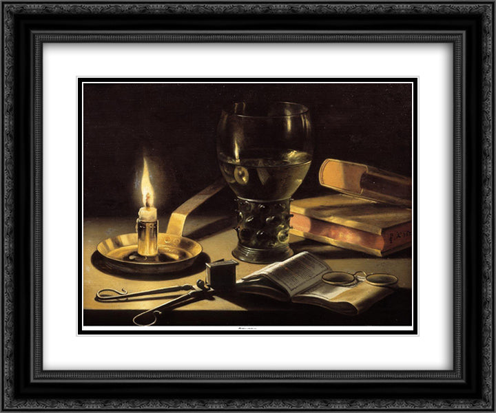 Still life with a burning candle 24x20 Black Ornate Wood Framed Art Print Poster with Double Matting by Claesz, Pieter