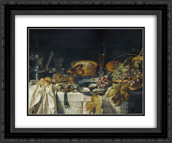 Still Life with a Pie, Basket of Grapes, Pitcher and Watch 24x20 Black Ornate Wood Framed Art Print Poster with Double Matting by Claesz, Pieter