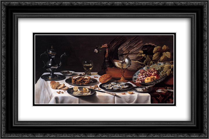 Still Life with a Turkey Pie 24x16 Black Ornate Wood Framed Art Print Poster with Double Matting by Claesz, Pieter