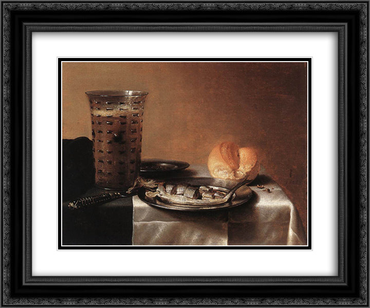 Still Life with Herring 24x20 Black Ornate Wood Framed Art Print Poster with Double Matting by Claesz, Pieter