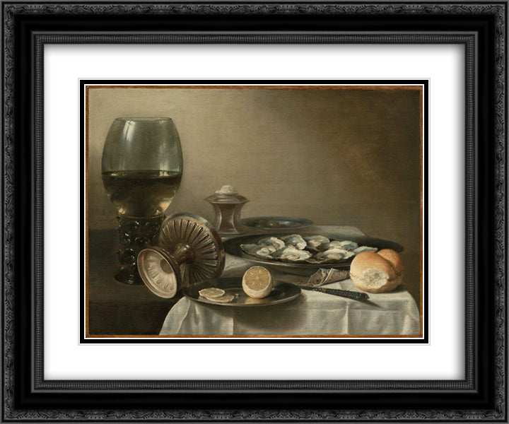 Still Life with Wine Goblet and Oysters 24x20 Black Ornate Wood Framed Art Print Poster with Double Matting by Claesz, Pieter