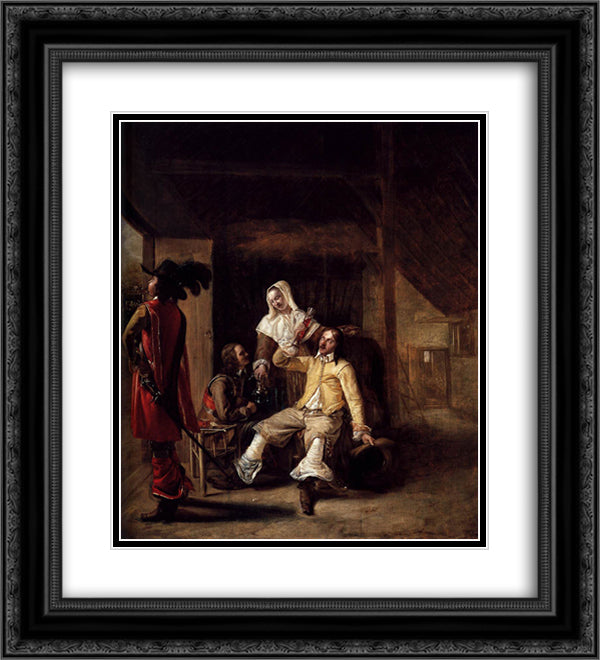 Two Soldiers and a Serving Woman with a Trumpeter 20x22 Black Ornate Wood Framed Art Print Poster with Double Matting by Hooch, Pieter de