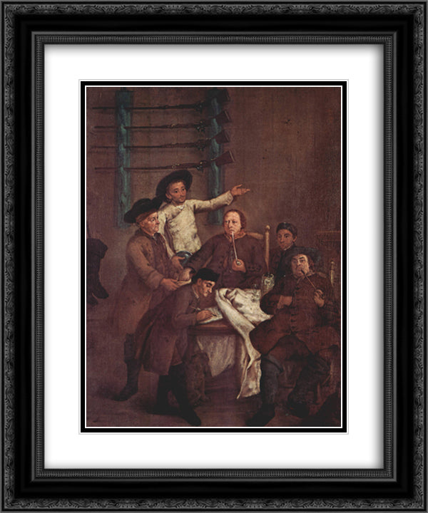 The Hunters Drawing Numbers 20x24 Black Ornate Wood Framed Art Print Poster with Double Matting by Longhi, Pietro