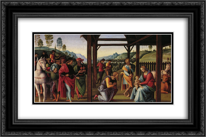 Altarpolyptychon, Predellatafel scene Adoration of the Magi 24x16 Black Ornate Wood Framed Art Print Poster with Double Matting by Perugino, Pietro