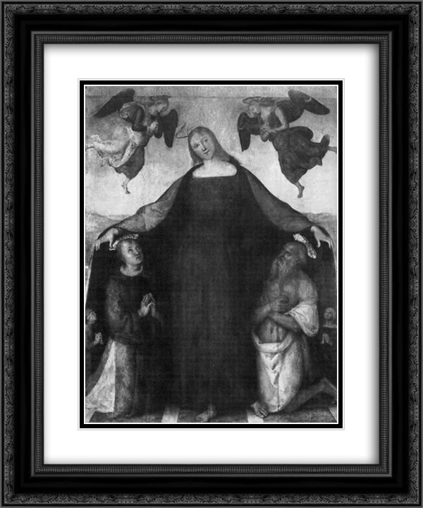 Madonna of Mercy with the saints and Stephen Jerome 20x24 Black Ornate Wood Framed Art Print Poster with Double Matting by Perugino, Pietro