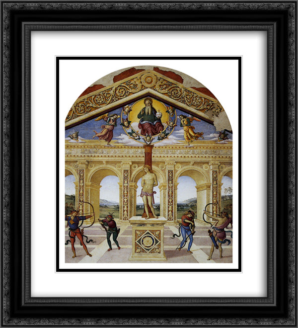 Martyrdom of St. Sebastian 20x22 Black Ornate Wood Framed Art Print Poster with Double Matting by Perugino, Pietro