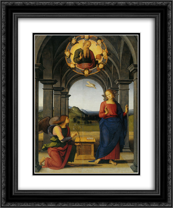The Annunciation of Mary 20x24 Black Ornate Wood Framed Art Print Poster with Double Matting by Perugino, Pietro