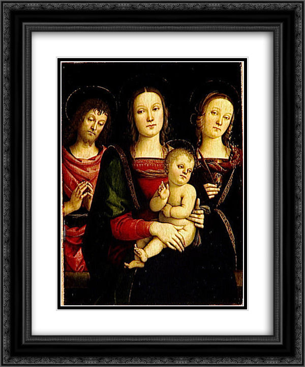 Virgin and Child between Sts John the Baptist and Catherine 20x24 Black Ornate Wood Framed Art Print Poster with Double Matting by Perugino, Pietro