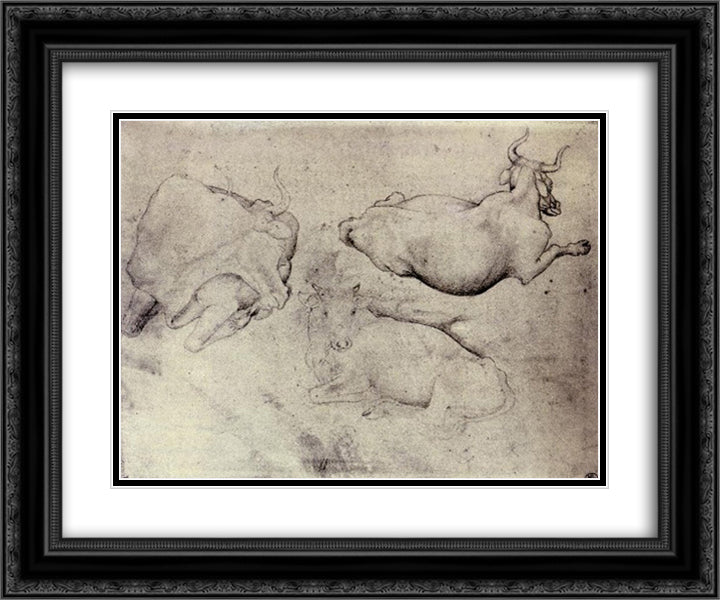 Three Cows 24x20 Black Ornate Wood Framed Art Print Poster with Double Matting by Pisanello