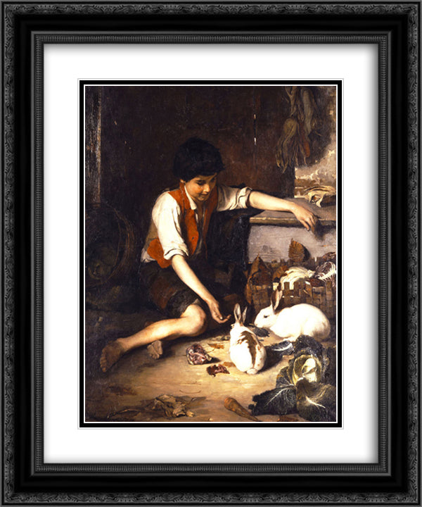 Childs with rabbits 20x24 Black Ornate Wood Framed Art Print Poster with Double Matting by Lembesis, Polychronis