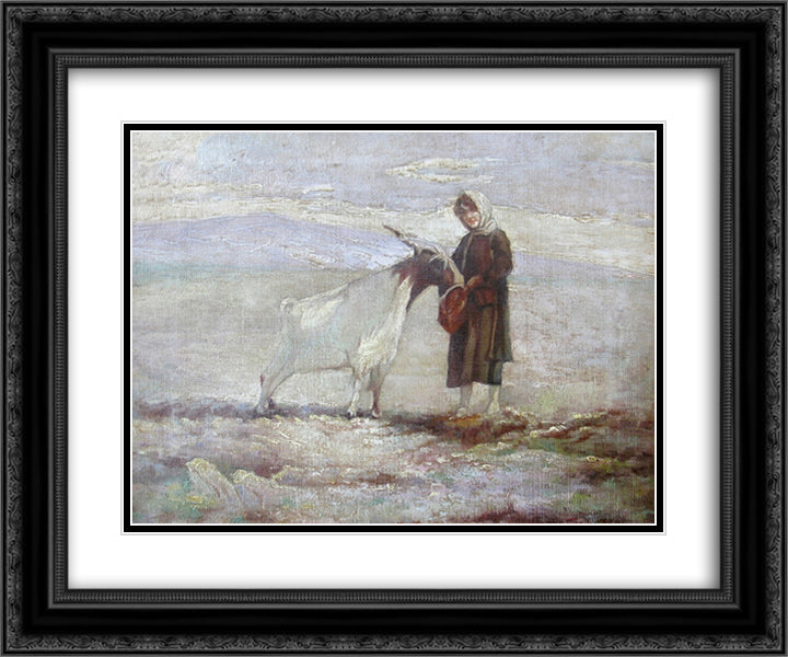 The girl and the goat 24x20 Black Ornate Wood Framed Art Print Poster with Double Matting by Lembesis, Polychronis