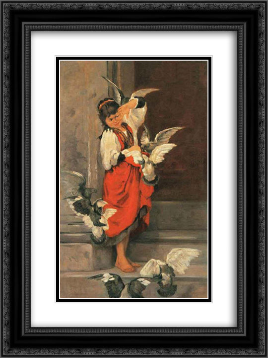 The girl with pigeons 18x24 Black Ornate Wood Framed Art Print Poster with Double Matting by Lembesis, Polychronis