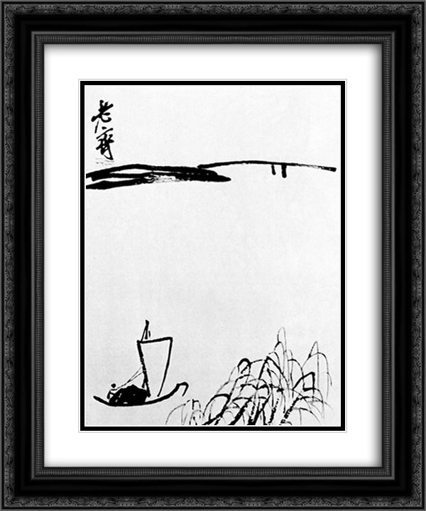 A lone sail 20x24 Black Ornate Wood Framed Art Print Poster with Double Matting by Qi Baishi