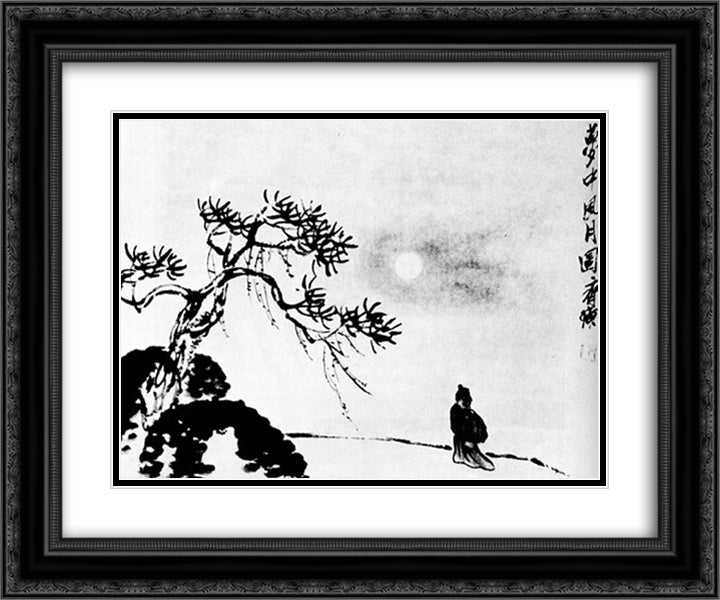 A lone traveler on a moonlit night 24x20 Black Ornate Wood Framed Art Print Poster with Double Matting by Qi Baishi