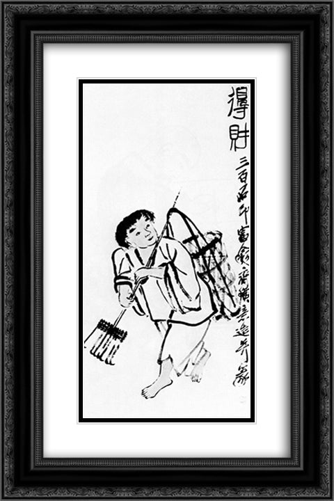 A peasant with a rake 16x24 Black Ornate Wood Framed Art Print Poster with Double Matting by Qi Baishi