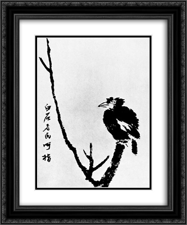 Bird in a tree 20x24 Black Ornate Wood Framed Art Print Poster with Double Matting by Qi Baishi