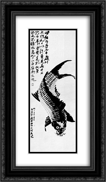 Carp 14x24 Black Ornate Wood Framed Art Print Poster with Double Matting by Qi Baishi