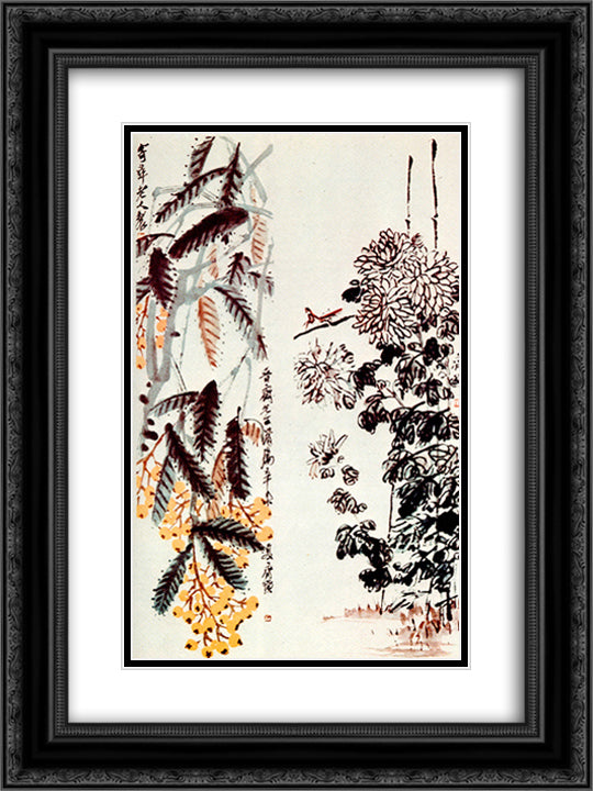 Chrysanthemum and loquat 18x24 Black Ornate Wood Framed Art Print Poster with Double Matting by Qi Baishi