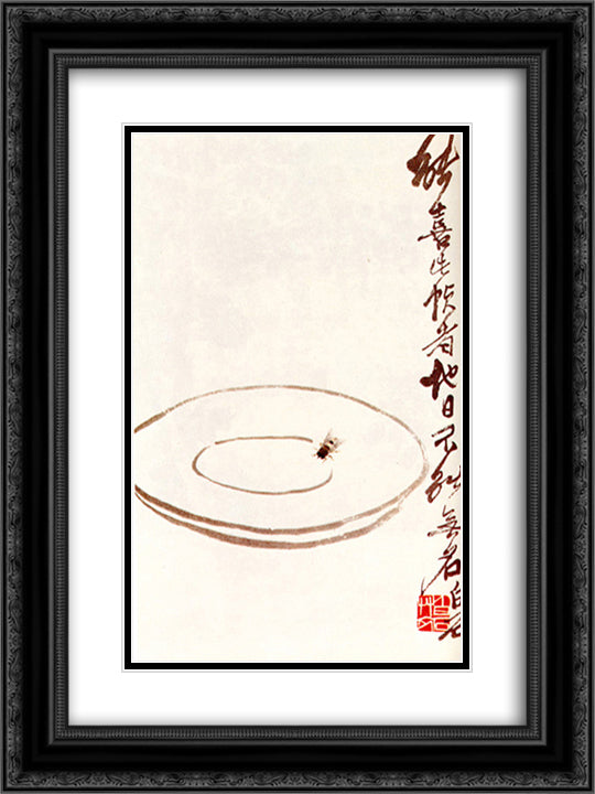 Fly on a platter 18x24 Black Ornate Wood Framed Art Print Poster with Double Matting by Qi Baishi
