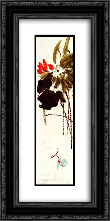 Lotus and kingfisher 12x24 Black Ornate Wood Framed Art Print Poster with Double Matting by Qi Baishi