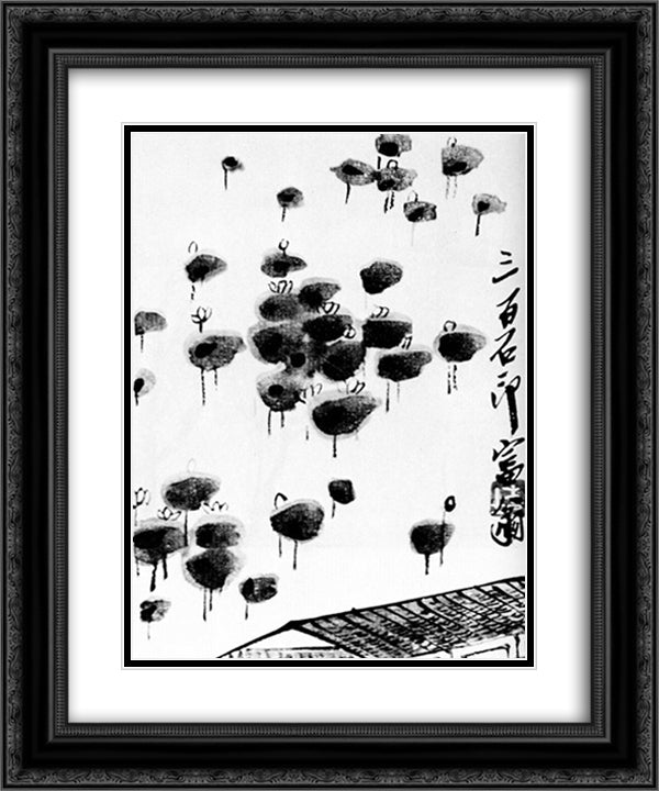 Lotus pond 20x24 Black Ornate Wood Framed Art Print Poster with Double Matting by Qi Baishi