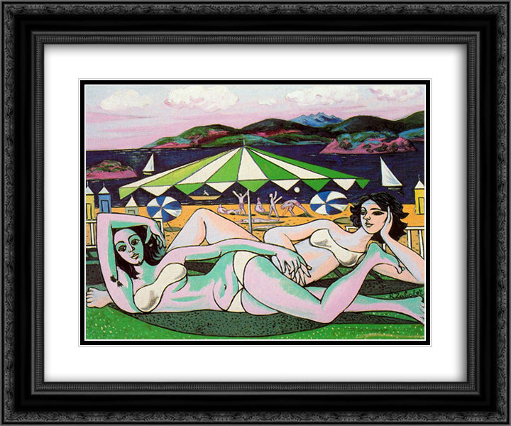 Bathers on the beach under umbrella 24x20 Black Ornate Wood Framed Art Print Poster with Double Matting by Zabaleta, Rafael