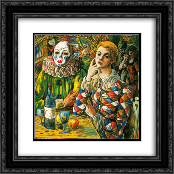 Harlequin and clown with mask 20x20 Black Ornate Wood Framed Art Print Poster with Double Matting by Zabaleta, Rafael