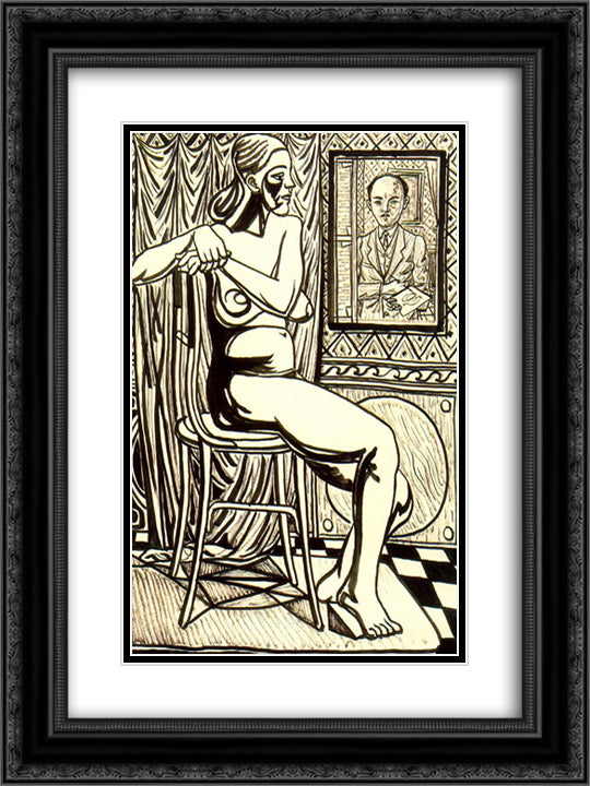 Seated female nude and artist's self - portrait 18x24 Black Ornate Wood Framed Art Print Poster with Double Matting by Zabaleta, Rafael