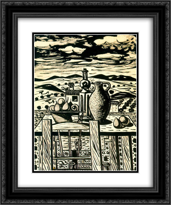 Still life, table figs, jar, bottle of anise 20x24 Black Ornate Wood Framed Art Print Poster with Double Matting by Zabaleta, Rafael