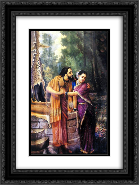 Arjuna and Subhadra 18x24 Black Ornate Wood Framed Art Print Poster with Double Matting by Ravi Varma, Raja