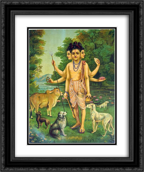 Dattatreya 20x24 Black Ornate Wood Framed Art Print Poster with Double Matting by Ravi Varma, Raja