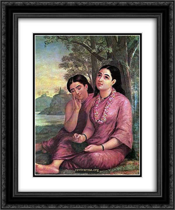 Dreaming Shakuntala 20x24 Black Ornate Wood Framed Art Print Poster with Double Matting by Ravi Varma, Raja