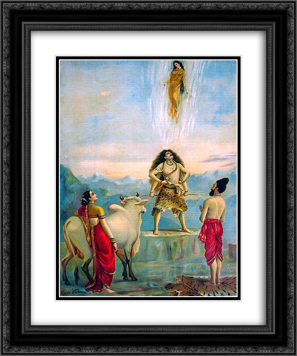 Ganga Avataran or Descent of Ganga 20x24 Black Ornate Wood Framed Art Print Poster with Double Matting by Ravi Varma, Raja