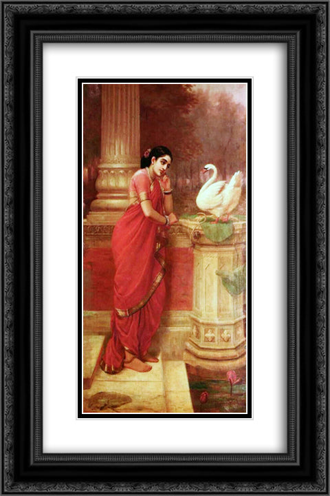 Hamsa Damayanti 16x24 Black Ornate Wood Framed Art Print Poster with Double Matting by Ravi Varma, Raja